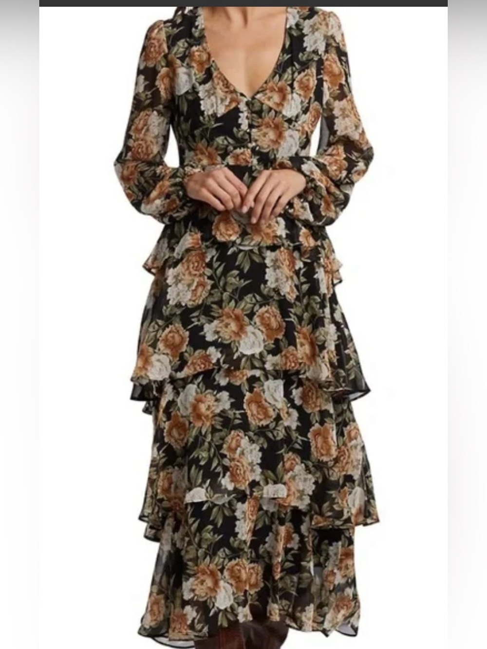En Saison Black Floral Tiered Long Sleeve Maxi Dress